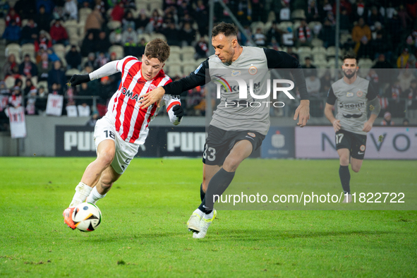 Filip Rozga and Jaroslaw Jach participate in the game between KS Cracovia and Zaglebie Lubin in Krakow, Poland, on November 29, 2024. This i...