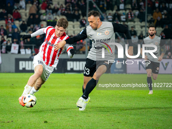 Filip Rozga and Jaroslaw Jach participate in the game between KS Cracovia and Zaglebie Lubin in Krakow, Poland, on November 29, 2024. This i...