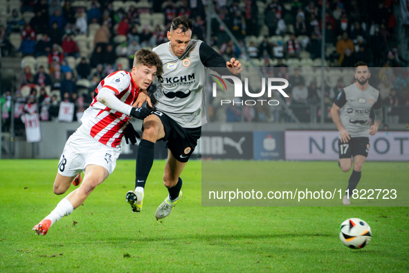 Filip Rozga and Jaroslaw Jach participate in the game between KS Cracovia and Zaglebie Lubin in Krakow, Poland, on November 29, 2024. This i...