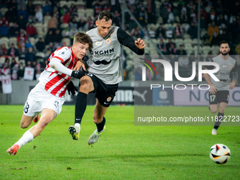 Filip Rozga and Jaroslaw Jach participate in the game between KS Cracovia and Zaglebie Lubin in Krakow, Poland, on November 29, 2024. This i...