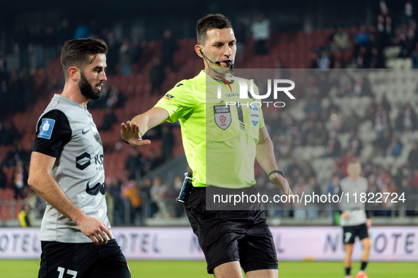 Referee Damian Kos officiates the game between KS Cracovia and Zaglebie Lubin in Krakow, Poland, on November 29, 2024. This is a PKO BP Ekst...