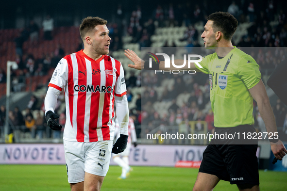 Benjamin Kallman argues with referee Damian Kos during the game between KS Cracovia and Zaglebie Lubin in Krakow, Poland, on November 29, 20...