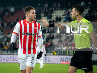 Benjamin Kallman argues with referee Damian Kos during the game between KS Cracovia and Zaglebie Lubin in Krakow, Poland, on November 29, 20...