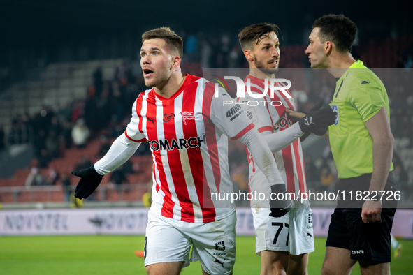 Benjamin Kallman participates in the game between KS Cracovia and Zaglebie Lubin in Krakow, Poland, on November 29, 2024. This is a PKO BP E...