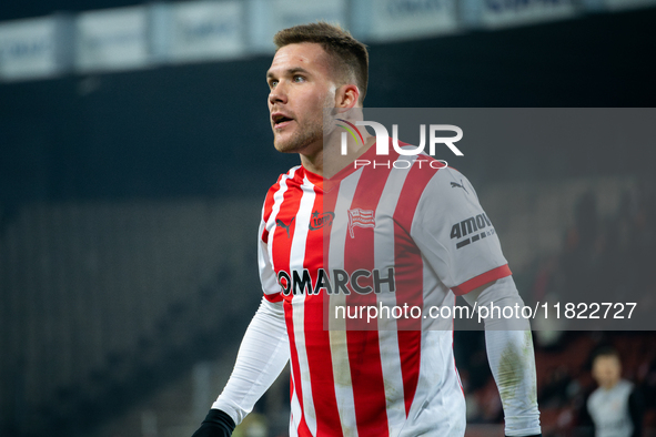 Benjamin Kallman participates in the game between KS Cracovia and Zaglebie Lubin in Krakow, Poland, on November 29, 2024. This is a PKO BP E...