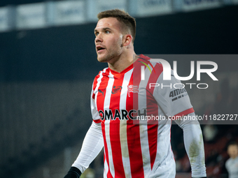 Benjamin Kallman participates in the game between KS Cracovia and Zaglebie Lubin in Krakow, Poland, on November 29, 2024. This is a PKO BP E...