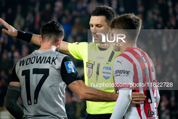 Referee Damian Kos officiates the game between KS Cracovia and Zaglebie Lubin in Krakow, Poland, on November 29, 2024. This is a PKO BP Ekst...