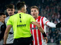 Benjamin Kallman argues with referee Damian Kos during the game between KS Cracovia and Zaglebie Lubin in Krakow, Poland, on November 29, 20...