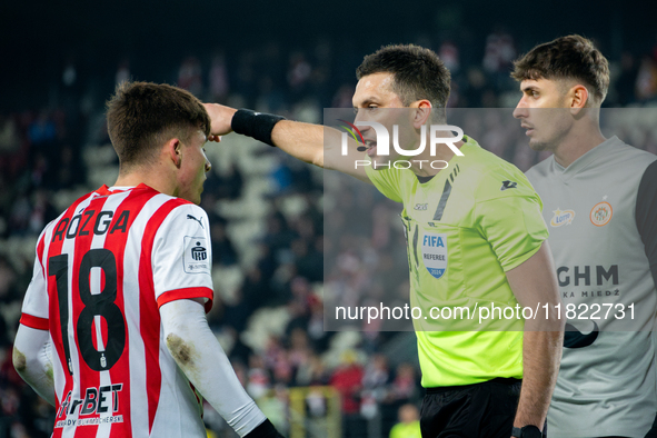 Filip Rozga argues with referee Damian Kos during the game between KS Cracovia and Zaglebie Lubin in Krakow, Poland, on November 29, 2024, d...