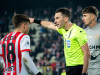 Filip Rozga argues with referee Damian Kos during the game between KS Cracovia and Zaglebie Lubin in Krakow, Poland, on November 29, 2024, d...