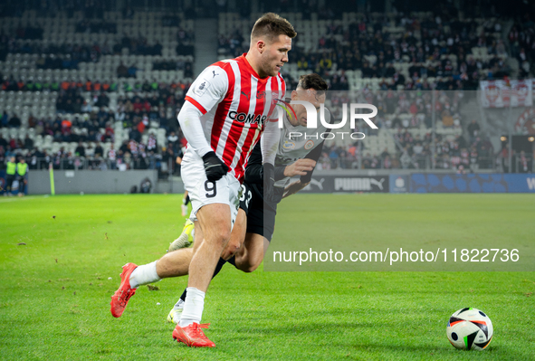 Benjamin Kallman participates in the game between KS Cracovia and Zaglebie Lubin in Krakow, Poland, on November 29, 2024. This is a PKO BP E...