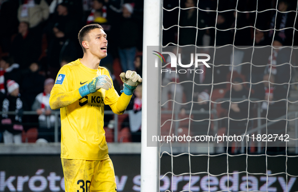 Goalkeeper Dominik Hladun plays during the game between KS Cracovia and Zaglebie Lubin in Krakow, Poland, on November 29, 2024. PKO BP Ekstr...