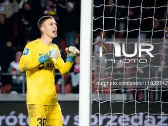 Goalkeeper Dominik Hladun plays during the game between KS Cracovia and Zaglebie Lubin in Krakow, Poland, on November 29, 2024. PKO BP Ekstr...