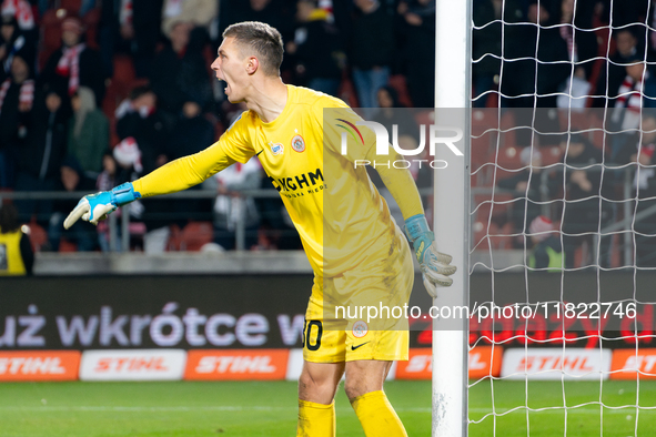 Goalkeeper Dominik Hladun plays during the game between KS Cracovia and Zaglebie Lubin in Krakow, Poland, on November 29, 2024. PKO BP Ekstr...