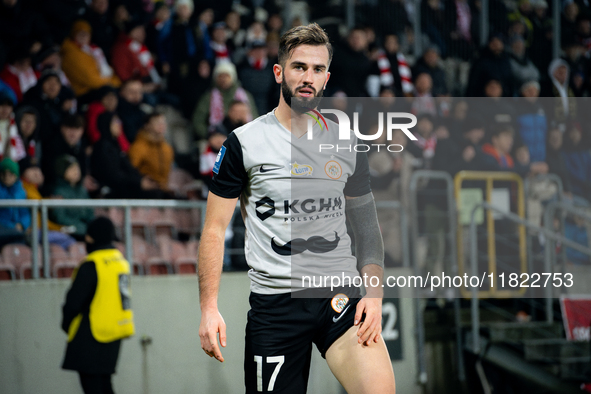 Mateusz Wdowiak participates in the game between KS Cracovia and Zaglebie Lubin in Krakow, Poland, on November 29, 2024. This is a PKO BP Ek...