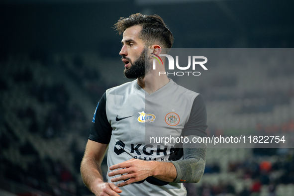 Mateusz Wdowiak participates in the game between KS Cracovia and Zaglebie Lubin in Krakow, Poland, on November 29, 2024. This is a PKO BP Ek...