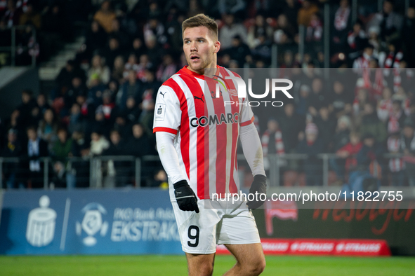 Benjamin Kallman participates in the game between KS Cracovia and Zaglebie Lubin in Krakow, Poland, on November 29, 2024. This is a PKO BP E...