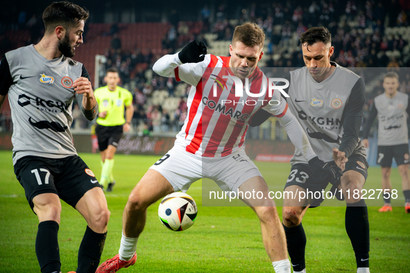 Benjamin Kallman participates in the game between KS Cracovia and Zaglebie Lubin in Krakow, Poland, on November 29, 2024. This is a PKO BP E...