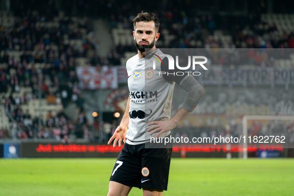 Mateusz Wdowiak participates in the game between KS Cracovia and Zaglebie Lubin in Krakow, Poland, on November 29, 2024. This is a PKO BP Ek...