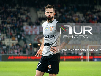 Mateusz Wdowiak participates in the game between KS Cracovia and Zaglebie Lubin in Krakow, Poland, on November 29, 2024. This is a PKO BP Ek...