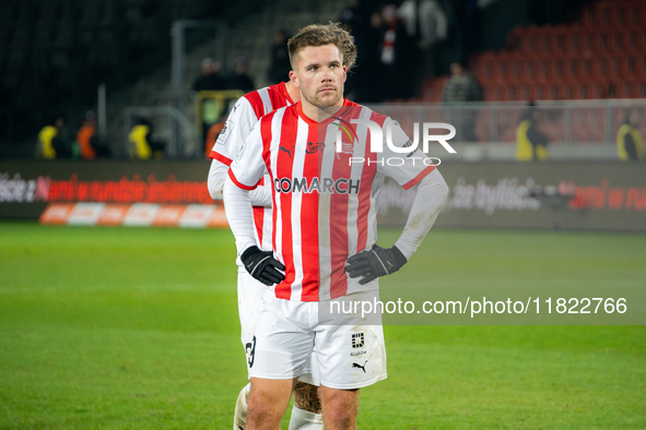 Benjamin Kallman participates in the game between KS Cracovia and Zaglebie Lubin in Krakow, Poland, on November 29, 2024. This is a PKO BP E...