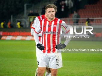 Benjamin Kallman participates in the game between KS Cracovia and Zaglebie Lubin in Krakow, Poland, on November 29, 2024. This is a PKO BP E...