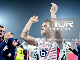 Gabriel Gudmundsson of LOSC Lille celebrates the victory at the end of the UEFA Champions League 2024/25 League Phase MD5 match between Bolo...