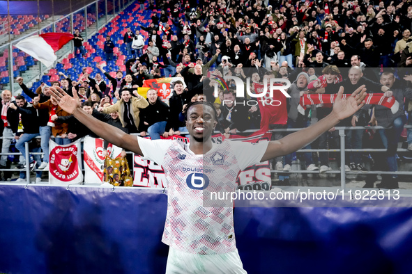 Ngal'ayel Mukau of LOSC Lille celebrates the victory with his supporters at the end of the UEFA Champions League 2024/25 League Phase MD5 ma...