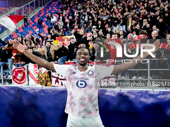 Ngal'ayel Mukau of LOSC Lille celebrates the victory with his supporters at the end of the UEFA Champions League 2024/25 League Phase MD5 ma...