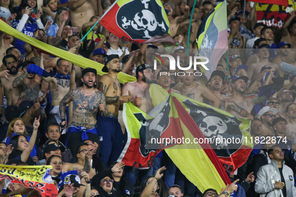 Millonarios fans attend matchday 3 of the BetPlay DIMAYOR II 2024 BetPlay League group A semi-finals at the Nemesio Camacho El Campin stadiu...