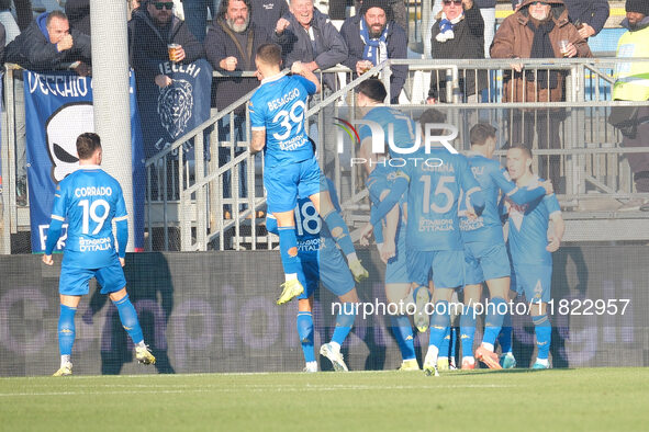 Brescia Calcio FC team celebrates after scoring a goal during the Italian Serie B soccer championship match between Brescia Calcio and SSC B...