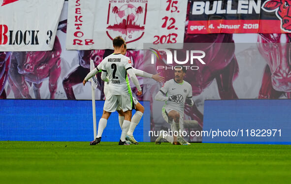 Tiago Tomas of VfL Wolfsburg  celebrates the teams second goal during the Bundesliga match between RB Leipzig and VfL Wolfsburg at Red Bull...