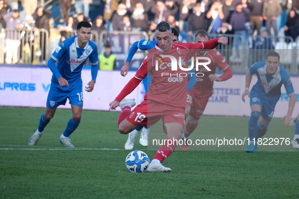 Cesar Falletti of SSC Bari takes a penalty kick during the Italian Serie B soccer championship match between Brescia Calcio and SSC Bari at...