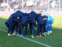 The Brescia Calcio FC team concentrates before the Italian Serie B soccer championship match between Brescia Calcio and SSC Bari at Mario Ri...