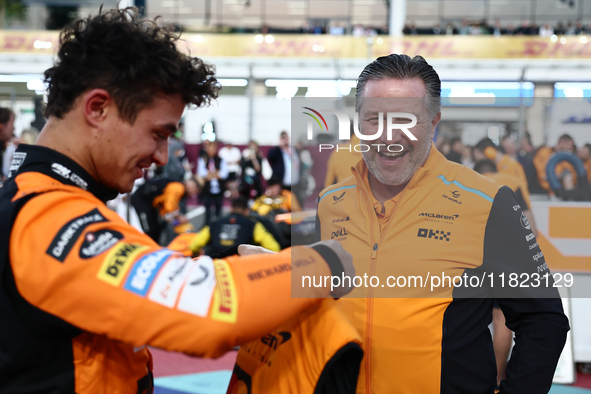 Lando Norris of McLaren and Zak Brown before Sprint ahead of the Formula 1 Grand Prix of Qatar at Lusail International Circuit in Lusail, Qa...