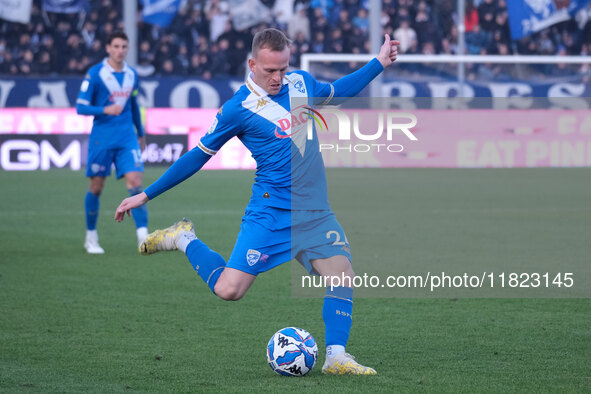 Lorenzo Dickman of Brescia Calcio FC carries the ball during the Italian Serie B soccer championship match between Brescia Calcio and SSC Ba...