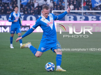 Lorenzo Dickman of Brescia Calcio FC carries the ball during the Italian Serie B soccer championship match between Brescia Calcio and SSC Ba...