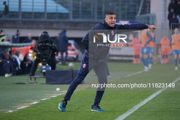 Moreno Longo is the head coach of SSC Bari during the Italian Serie B soccer championship match between Brescia Calcio and SSC Bari at Mario...