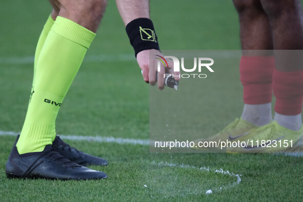 The referee of the match, Antonio Giua from Olbia, draws the limit of the penalty kick during the Italian Serie B soccer championship match...