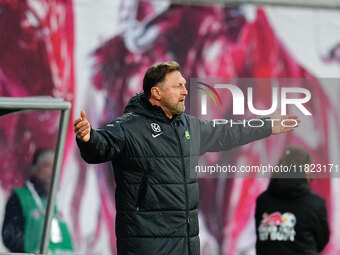 Ralph Hasenhuttl of VfL Wolfsburg  gestures during the Bundesliga match between RB Leipzig and VfL Wolfsburg at Red Bull Arena, Leipzig, Ger...