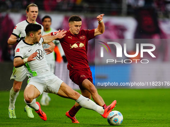 Pavao Pervan of VfL Wolfsburg and Christoph Baumgartner of RB Leipzig battle for the ball during the Bundesliga match between RB Leipzig and...