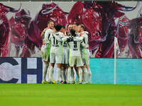 Joakim Maehle of VfL Wolfsburg  celebrates the teams fourth goal during the Bundesliga match between RB Leipzig and VfL Wolfsburg at Red Bul...