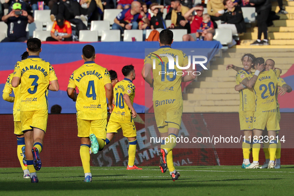 Las Palmas players celebrate a goal during the match between FC Barcelona and UD Las Palmas, corresponding to week 15 of LaLiga EA Sports, a...