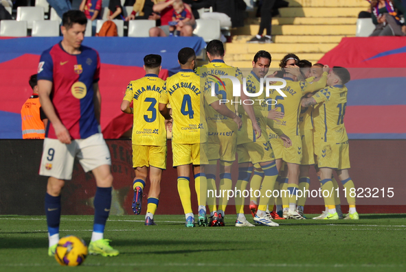 Las Palmas players celebrate a goal during the match between FC Barcelona and UD Las Palmas, corresponding to week 15 of LaLiga EA Sports, a...