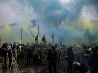 People attend a funeral ceremony for Ukrainian serviceman and founder of FC Obolon's ultras movement, Pavlo Vedybida, nicknamed ''Obolonchik...