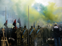 People attend a funeral ceremony for Ukrainian serviceman and founder of FC Obolon's ultras movement, Pavlo Vedybida, nicknamed ''Obolonchik...