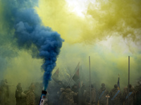 People attend a funeral ceremony for Ukrainian serviceman and founder of FC Obolon's ultras movement, Pavlo Vedybida, nicknamed ''Obolonchik...