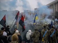 People attend a funeral ceremony for Ukrainian serviceman and founder of FC Obolon's ultras movement, Pavlo Vedybida, nicknamed ''Obolonchik...