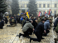 People attend a funeral service for Ukrainian serviceman and founder of FC Obolon's ultras movement, Pavlo Vedybida, nicknamed ''Obolonchik,...