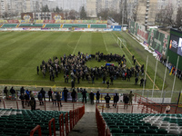 People attend a funeral ceremony for Ukrainian serviceman and founder of FC Obolon's ultras movement, Pavlo Vedybida, nicknamed ''Obolonchik...